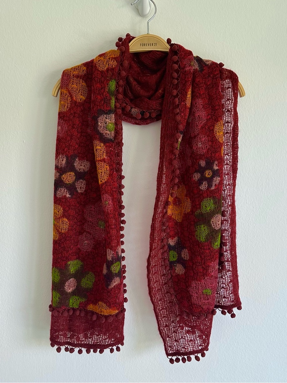 Vintage Y2K Fairy Scarf Floral Knit Knitter Burgundy Red Whimsigoth Spain Shawl